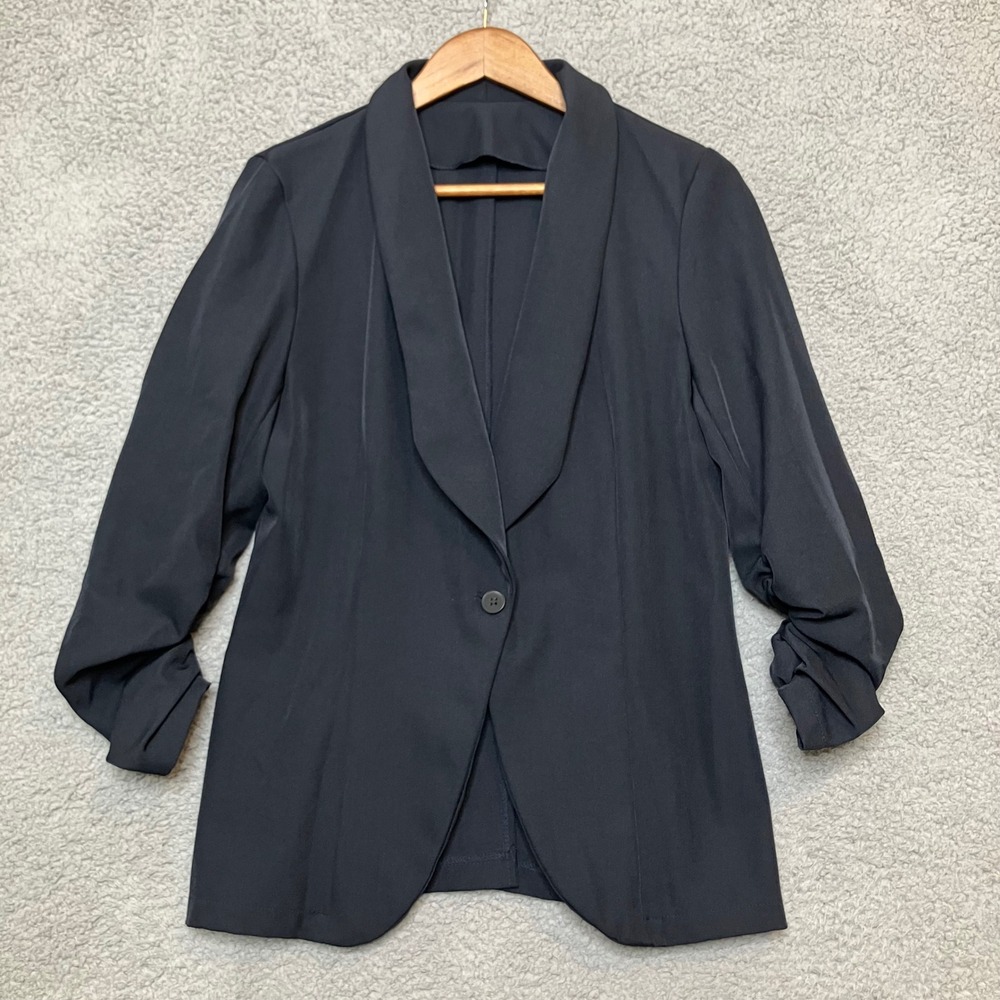 Emery Rose Blazer Jacket Women M Navy Ruched Sleeve Shawl Collar Business Office